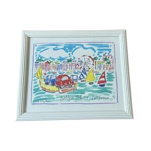 VTG Sally Huss Balboa Island California Framed Print 1996 Sailboat Ferris Wheel